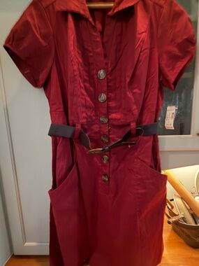 dressbarn Burgundy Belted Red Short Sleeve Shirt Dress
